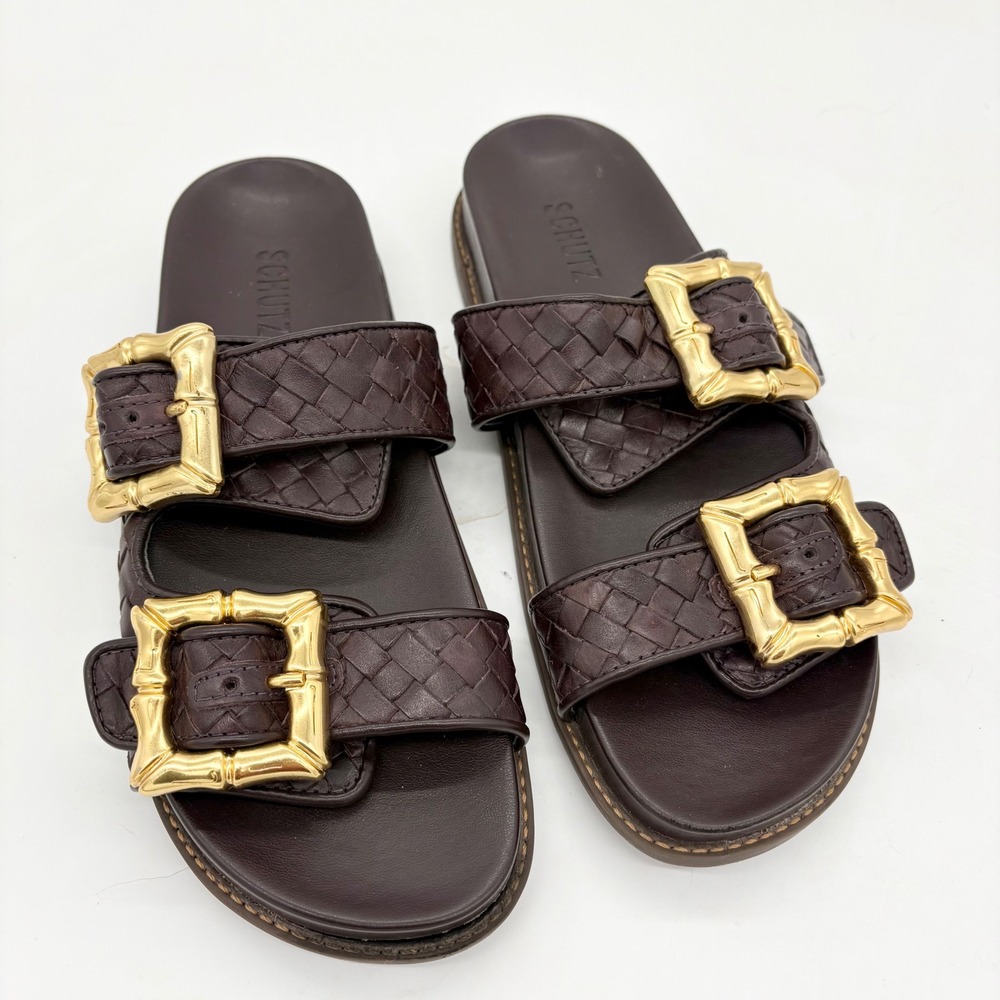 SCHUTZ Dark Brown Woven Leather Slide Sandals with Gold Buckles